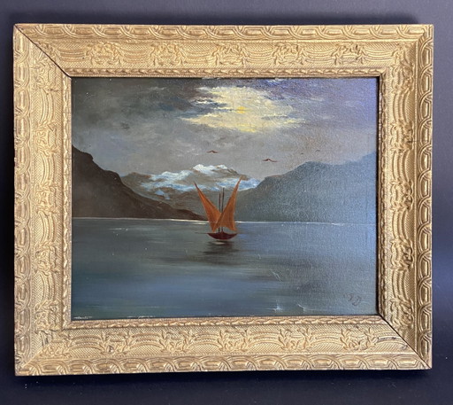 Swiss Oil Painting of Lake Geneva with Vaudoise Sailboat & Dents du Midi, c.1900–1930