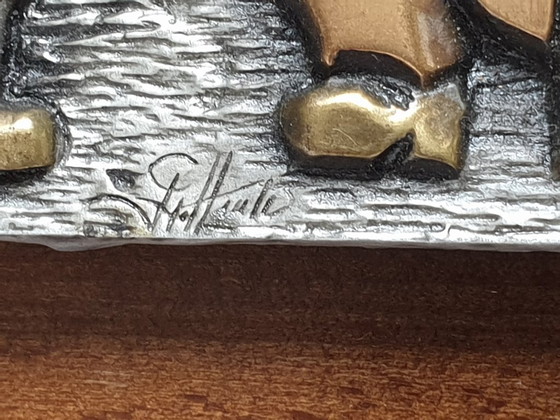 Image 1 of Fregio in rame raffigurante una festa di paese, in ottone e metallo argentato, firmato, realizzato a mano, pezzo unico.