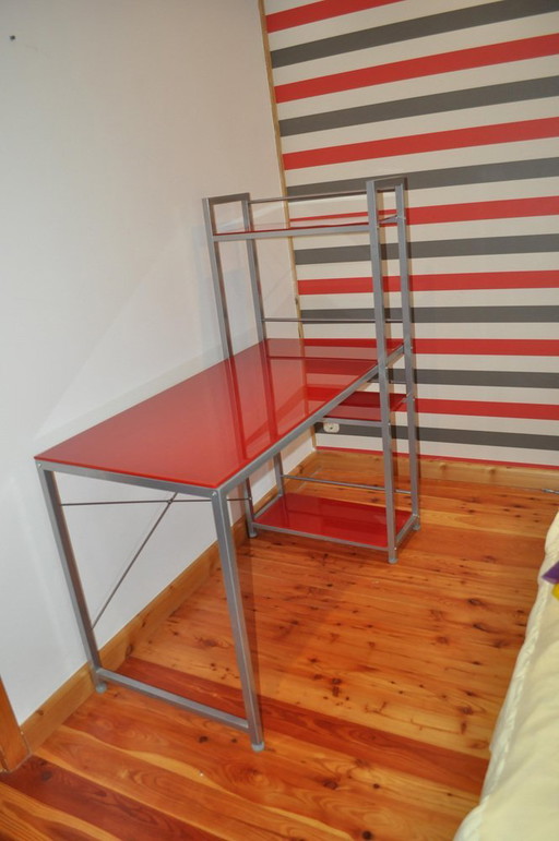 Bauhaus Rode Bureau, Stoel & Metalen Kast, Set van 3