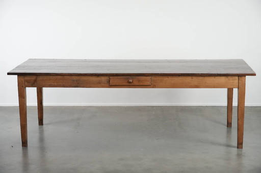 Grande tavolo da pranzo antico francese XXL in stile fattoria con due cassetti