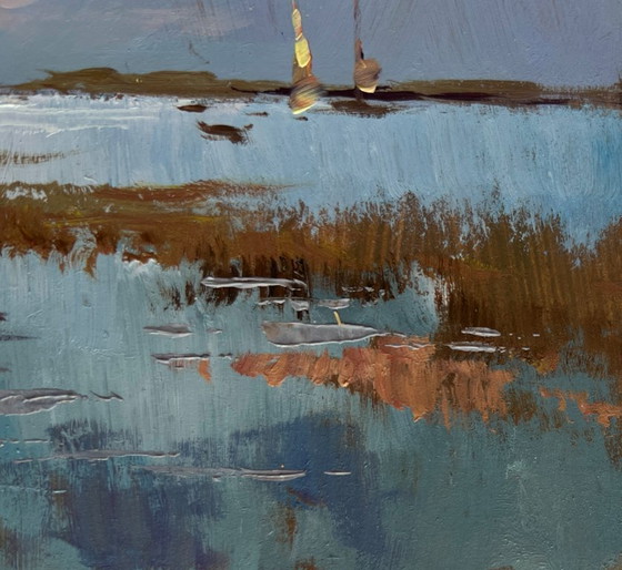 Image 1 of Origineel olieverfschilderij: Avondlandschap aan de rivier. Een rustige avond aan de rivier.
