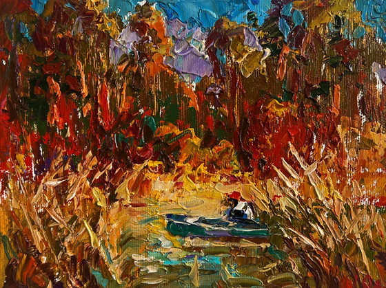 Image 1 of Original Oil Painting Autumn Forest Landscape There is a lake on the outskirts
