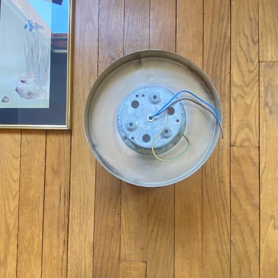 Image 1 of Wand- of plafondlamp, halfrond, van wit opaalglas met een rozet van roestvrij staal.