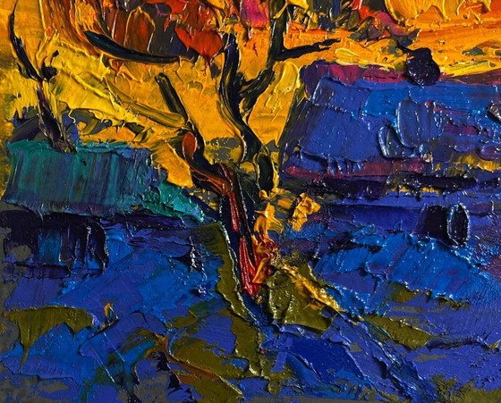 Image 1 of Original Oil Painting Sunset Houses Landscape A blazing evening in the village