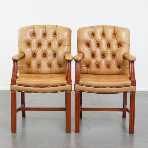 2x Beef leather chesterfield dining/side chair in a light cognac color