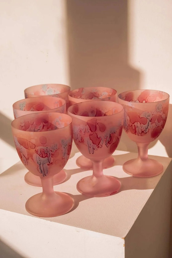 Handbemalte mattrosa Weingläser, 6er-Set – Gläser & Karaffe, Kristall, Glas, Vintage (photo 4 of 9)