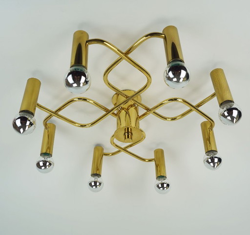Grote Jaren 70 Sputnik Messing Plafondlamp 8-Lichts Plafondarmatuur