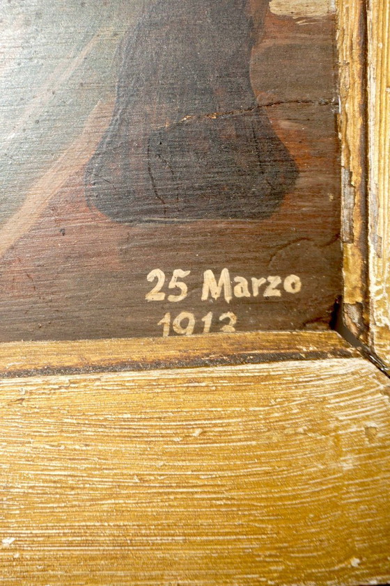 Image 1 of Ex-voto italien de 1913 * lit médical * guérison après l'extrême-onction * plaque votive * Vierge Marie