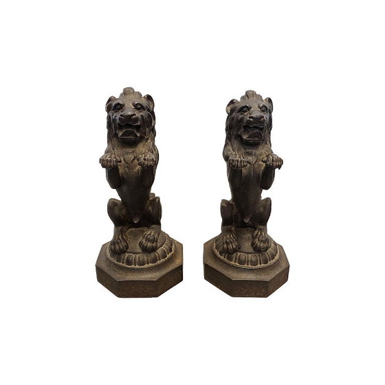Image 1 of Victorian cast-iron lions on pedestals, late 19th century