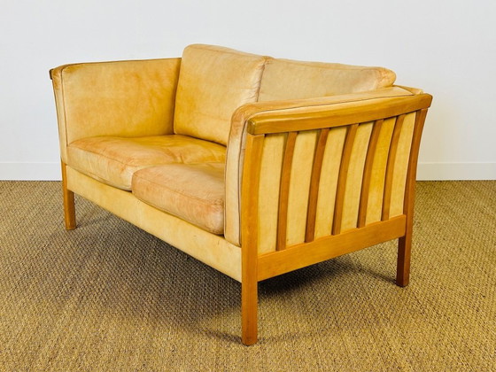 Image 1 of Vintage Scandinavian 2-seater sofa in beige leather and wood by Stouby, 1960s