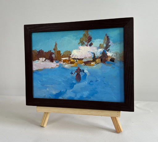 Original Oil Painting Winter Day Landscape Early winter morning