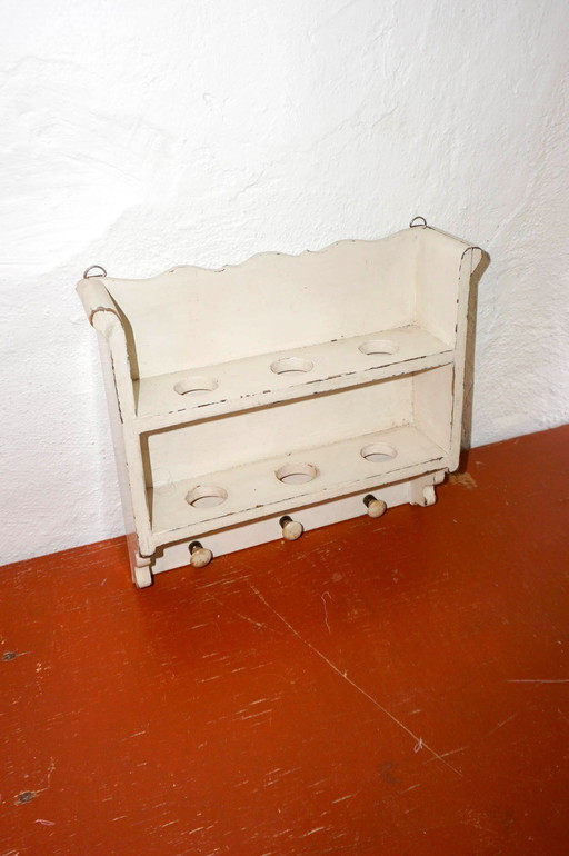 vintage french egg shelf * cream brocante wall rack * rustic wooden spice shelf with pegs * shabby kitchen decor * farmhouse egg