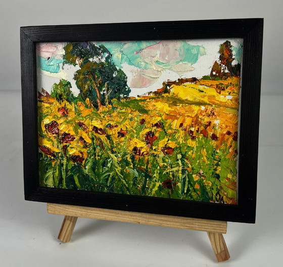 Image 1 of Peinture à l'huile originale, paysage naturel, tournesols d'été dans un champ