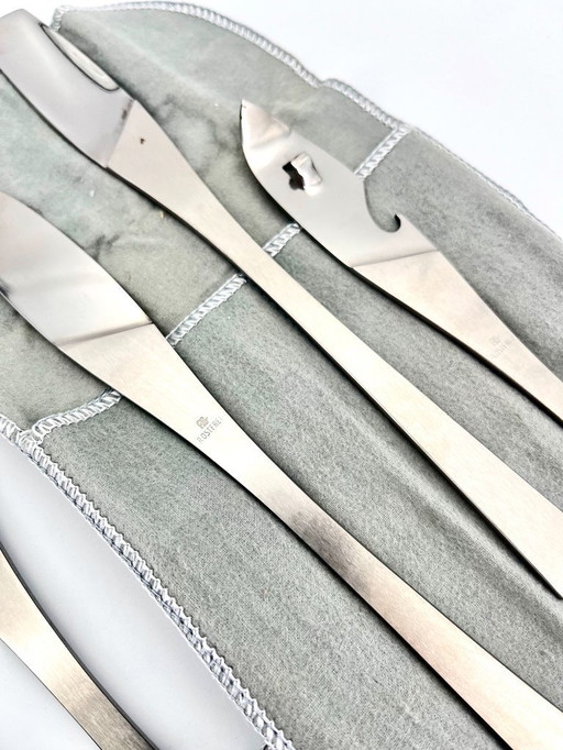 Vintage Arthur Salm Eldorado Barware Set, 1960s MCM Italy, 4 Stainless Steel Utensils w/ Case