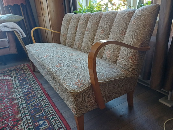 Image 1 of Vintage Scandinavische bank – gebogen houten armleuningen – jaren 50/60