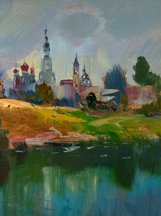 Original Oil Painting Rural Landscape Children Are Walking by the River – Paintings & Drawings, Mdf (photo 4 of 9)