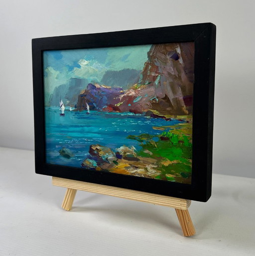 Original Oil Painting Coastal Rock Landscape Sailboats on the sea