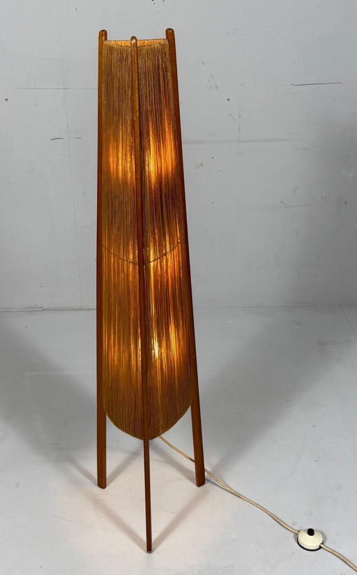 Mid-century floor lamp, sisal/teak, Temde, Switzerland, 1960s