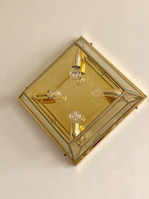 Quadratische Deckenleuchte aus vergoldetem Messing und Glas
