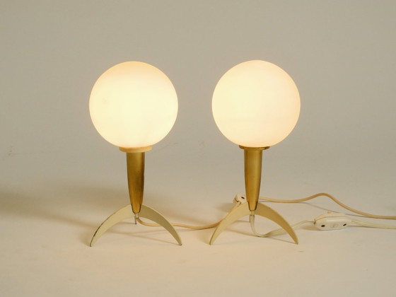 Image 1 of Two Mid-Century Modern rocket table lamps in brass and glass