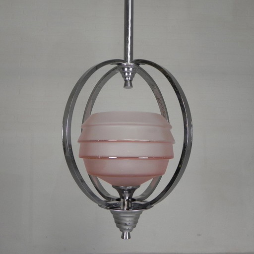 Art Deco pendant lamp with glass shade in a chrome frame, 1930s