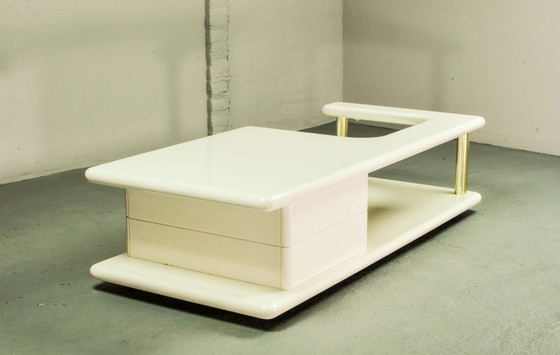 Image 1 of White High Gloss Lacquered Free Form Mid-Century Italian Design Coffee Table with Brass Accents.