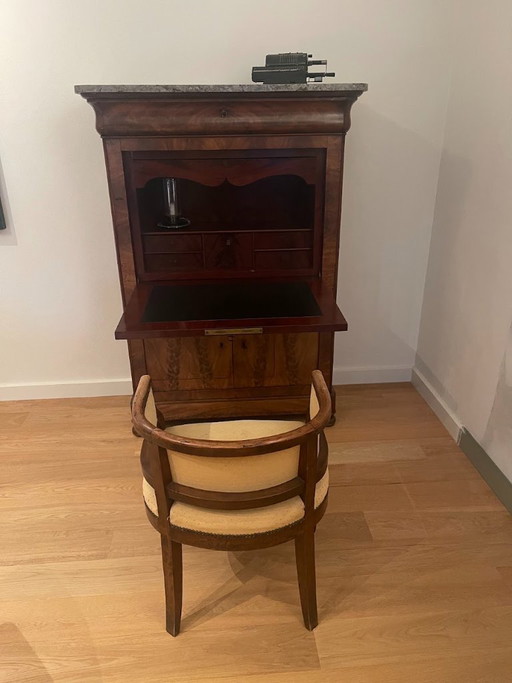 Antieke Secretaire Met Marmeren Blad En Bijbehorende Stoel – bureau, Wood (photo 2 of 7)