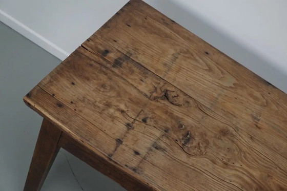 Image 1 of Antique French rustic farm table in light elm wood, 19th century