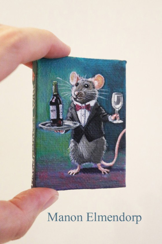 Image 1 of Unique Hand-Painted Small Painting Mouse Waiter Signed