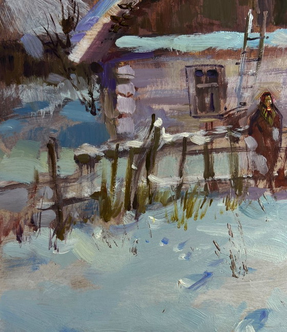 Image 1 of Original Oil Painting Night Houses Landscape Busy winter street of the village