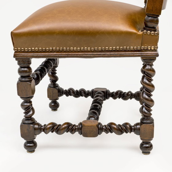 Image 1 of Six of Antique Italian Neo-Renaissance Walnut Dining Chairs in Genuine Leather.