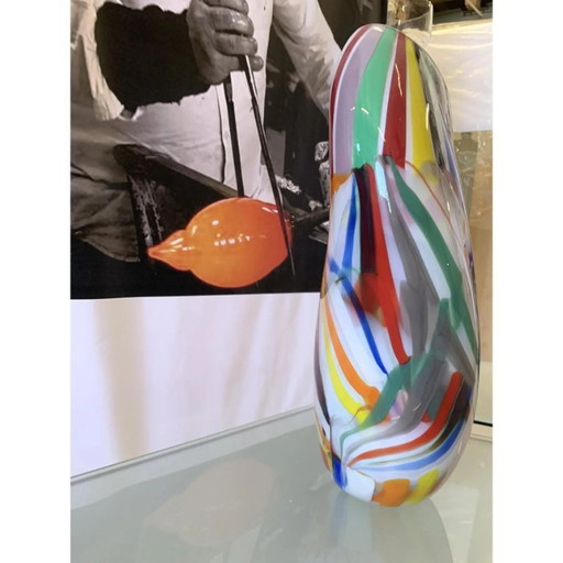 Abstract Vase in Milky-White Murano-Inspired Glass with Multicolored Reeds