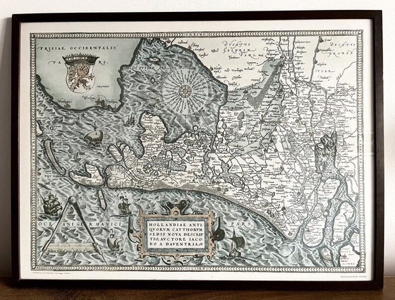 Image 1 of Ingelijste kaart van Nederland uit 1570 door Ortelius, Theatrum Orbis Terrarum, gedrukte reproductie op stof