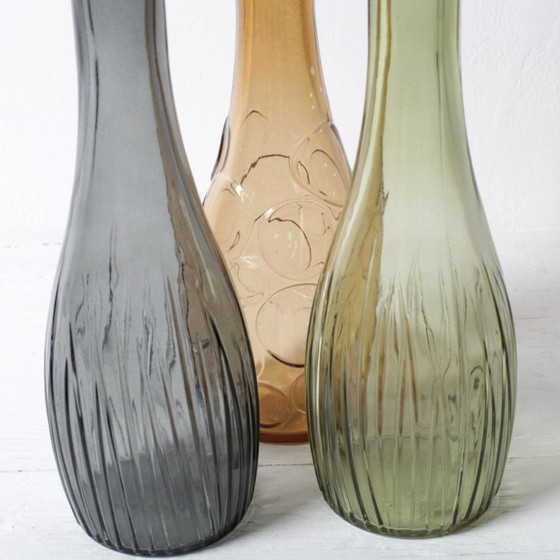 Image 1 of Set of 3 Grey, Green and Amber Glass Vases / Colored Bottles or Flower Vases / Ikea / 2000s