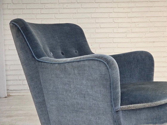 1970s, Danish armchair, furniture velour, beech wood., Velvet, Blue (photo 16 of 17)