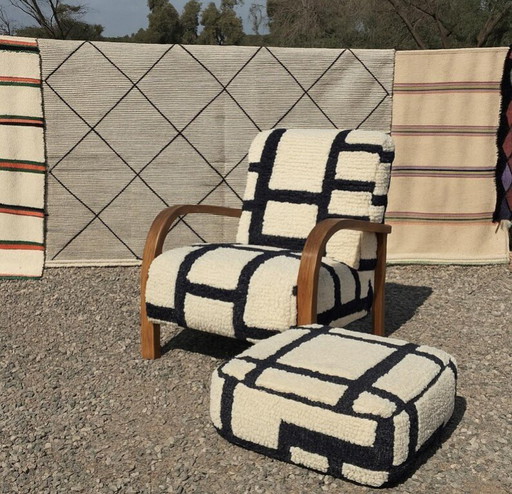 Handmade Moroccan Berber Armchair & Ottoman: Red Wool Stripes