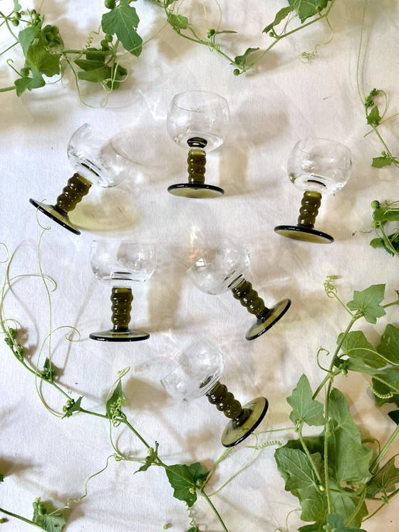 Image 1 of 6 small Roemer liqueur glasses, moss green stepped stems