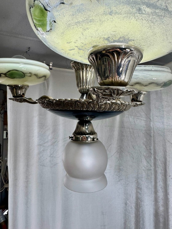 Antique Art Deco Style Pendant Lamp Chandelier with Marbled Opal Glass, Ceiling lights, Metal, Black (photo 3 of 14)