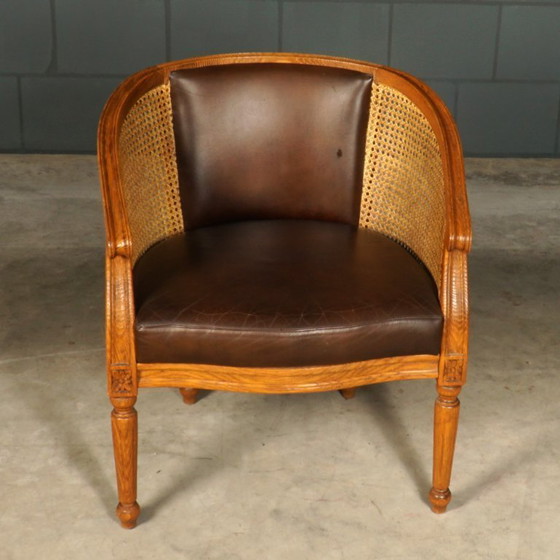 Image 1 of Vintage fauteuil – rotan – bruin leder – jaren 80