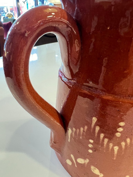 Image 1 of Brocca in ceramica vintage | Anni '70 | Rosso-marrone con decorazioni beige | Piccolo vaso da fiori