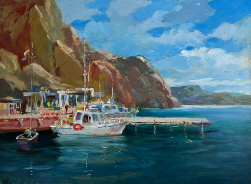 Origineel olieverfschilderij: Zee- en berglandschap, schepen op de veerboot.