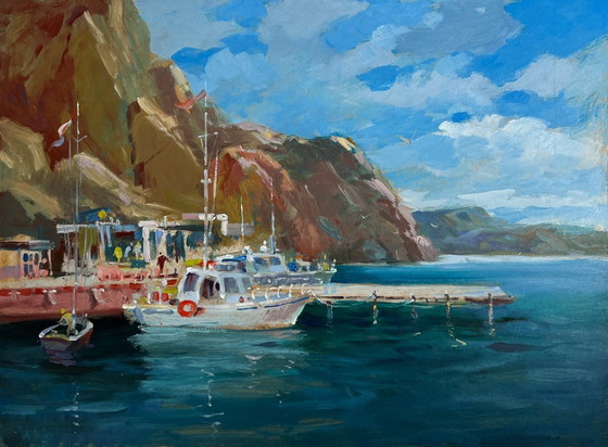 Image 1 of Pintura al óleo original: Paisaje marino y montañoso con barcos en el ferry.