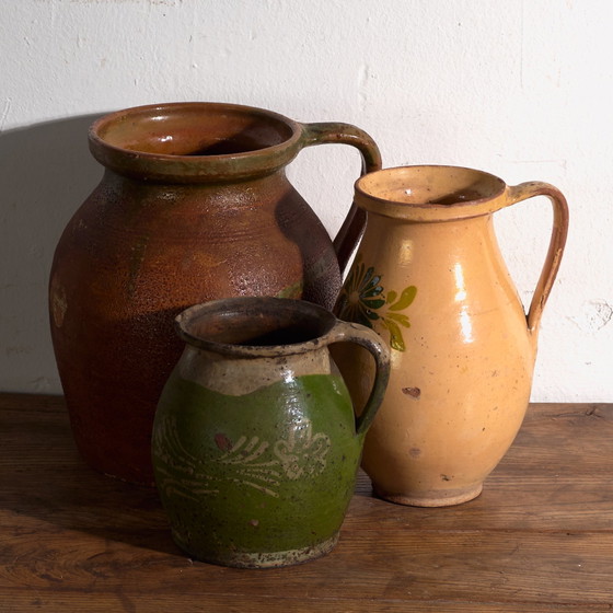 Set of 3 Antique Glazed Ceramic Jugs, Central Europe, circa 1920, Crockery, Brown (photo 14 of 14)