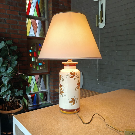 Image 1 of Large 1970s Hand-Painted Ceramic Table Lamp Ø40 cm – Floral Pottery Lamp