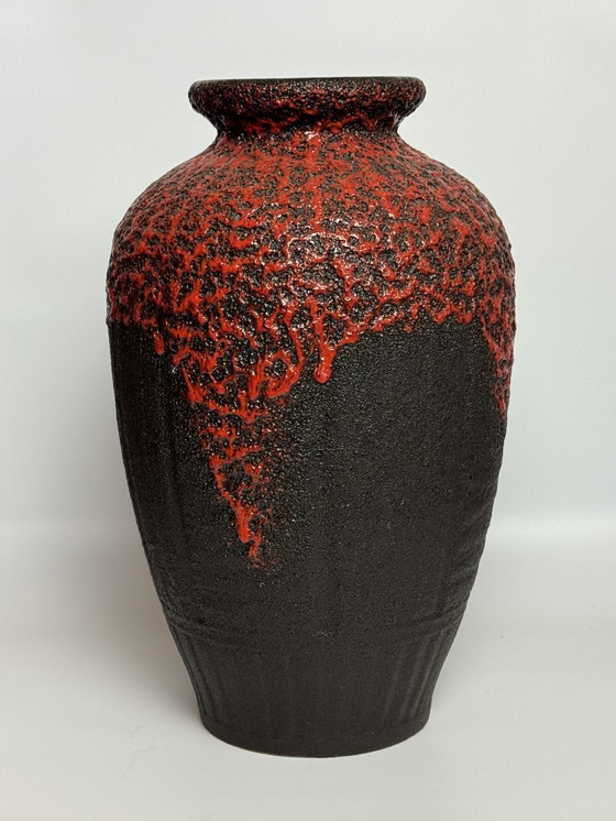 Image 1 of Extra Large Mid-Century Design Ceramic Black Fat Lava Vase with Red High Gloss Enamel by ES Keramik, West Germany 1960s.