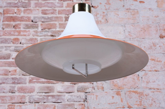 Restored Mid-Century Chandelier, Brass, Lacquered Steel, Czech, 1960s, Pendant lamps, Glass, Metal, Gold (photo 5 of 14)