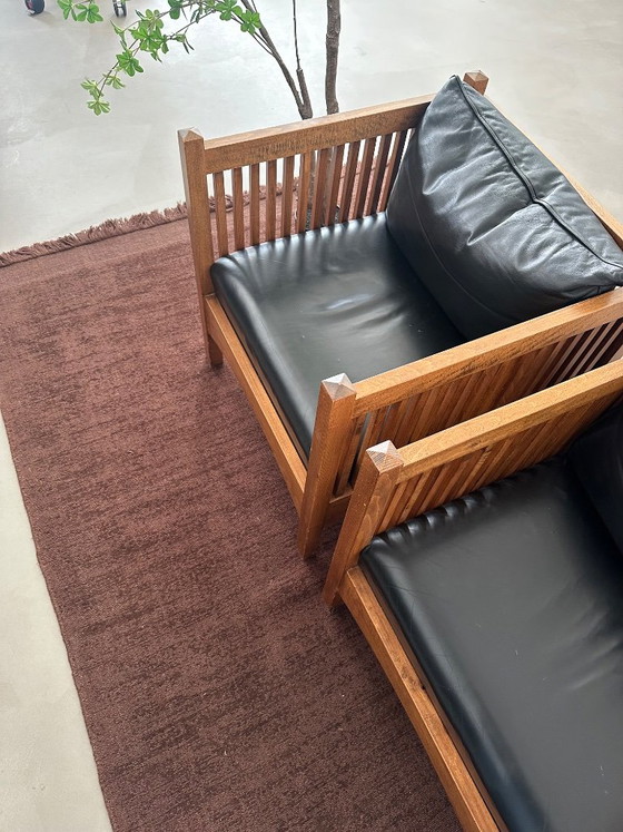 Pair of Stickley Mission Style Armchairs 1990s Wide & Sculptural Design, Bijenkorf, Wood, Black (photo 5 of 5)