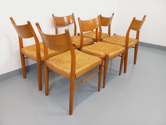 Image 1 of Suite de 6 chaises vintage italiennes en teck et corde danoise Gessef Consorzio Sedie Friuli