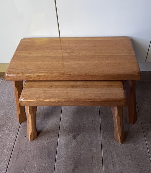 Set of two brutalist oak side tables
