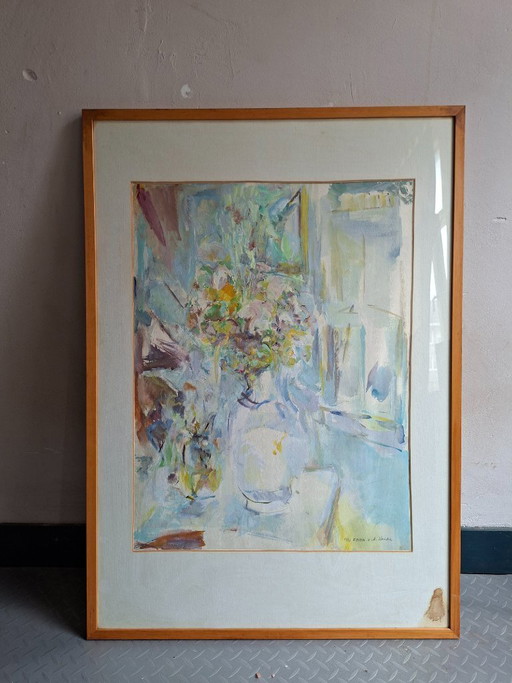 Peinture d'Emme van der Heide (1981) – Gouache « Pot de fleurs sur une table dans l'atelier »